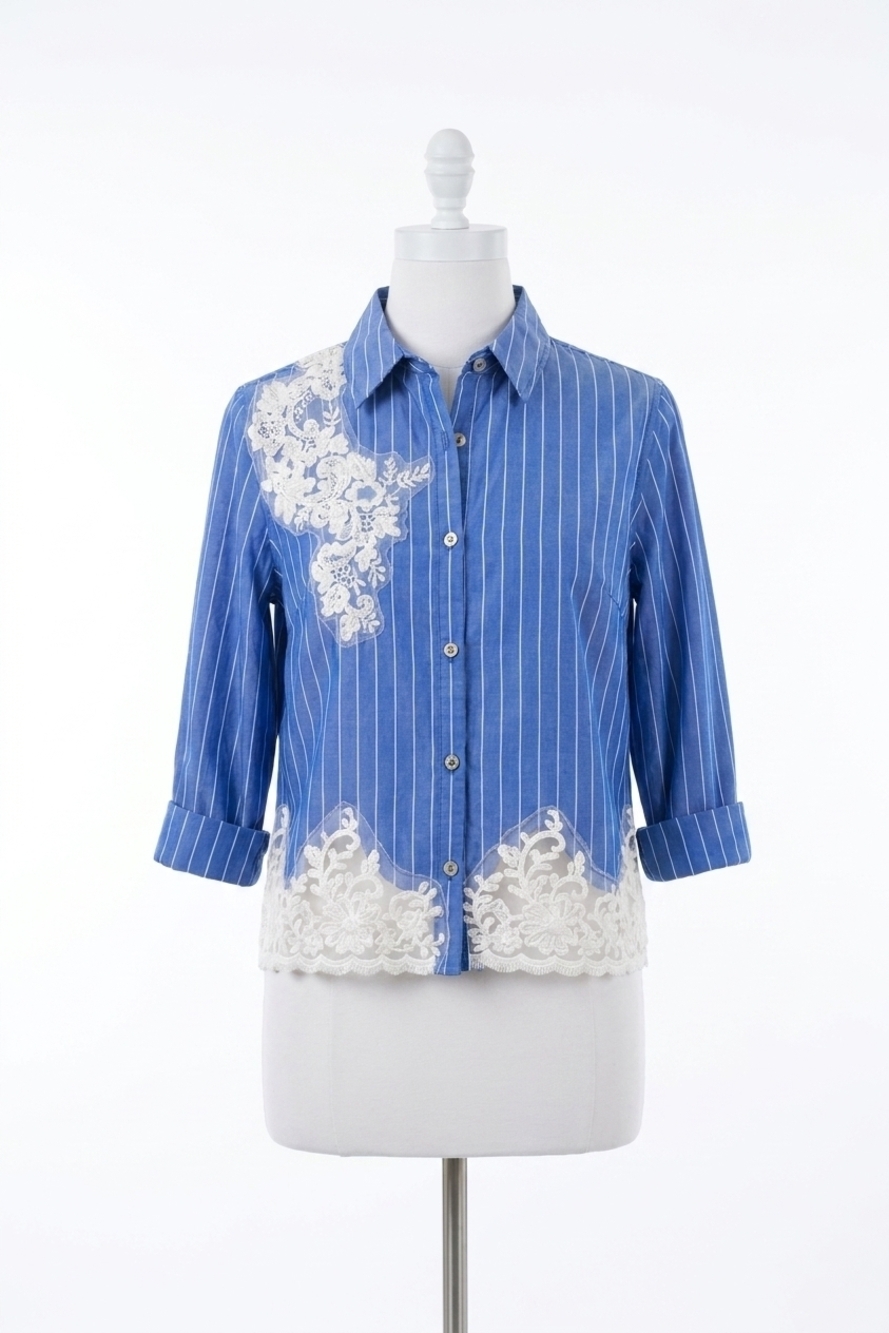 NEW PAPARAZZI menswear stripe crop shirt with lace applique in blue